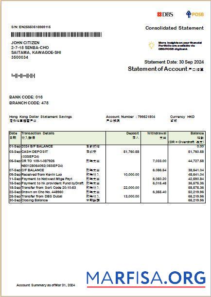 Printable Hong Kong DBS bank consolidated statement word template